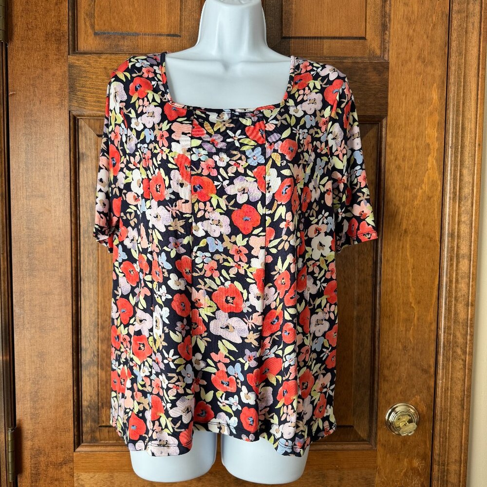 Zac & Rachel Black w/Colorful Flowers V-Neck Pullover Top Medium